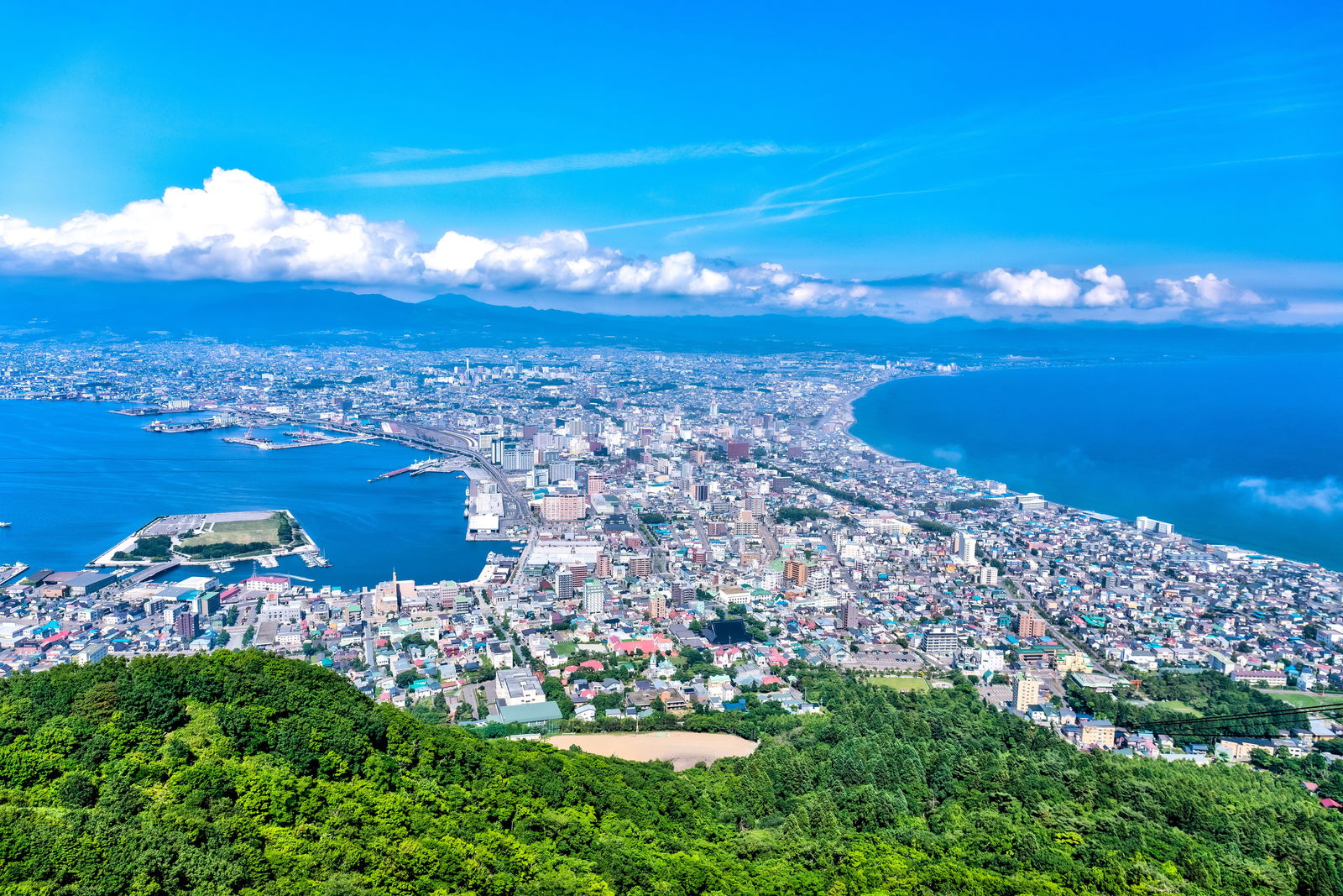 函館山の山頂から見た函館の街と海